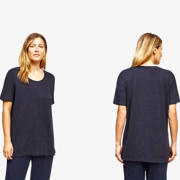 EILEEN FISHER WOMAN 100% Linen Navy Blue U-Neck Short Sleeve Tee Tunic US Sz 3X - Picture 1 of 9